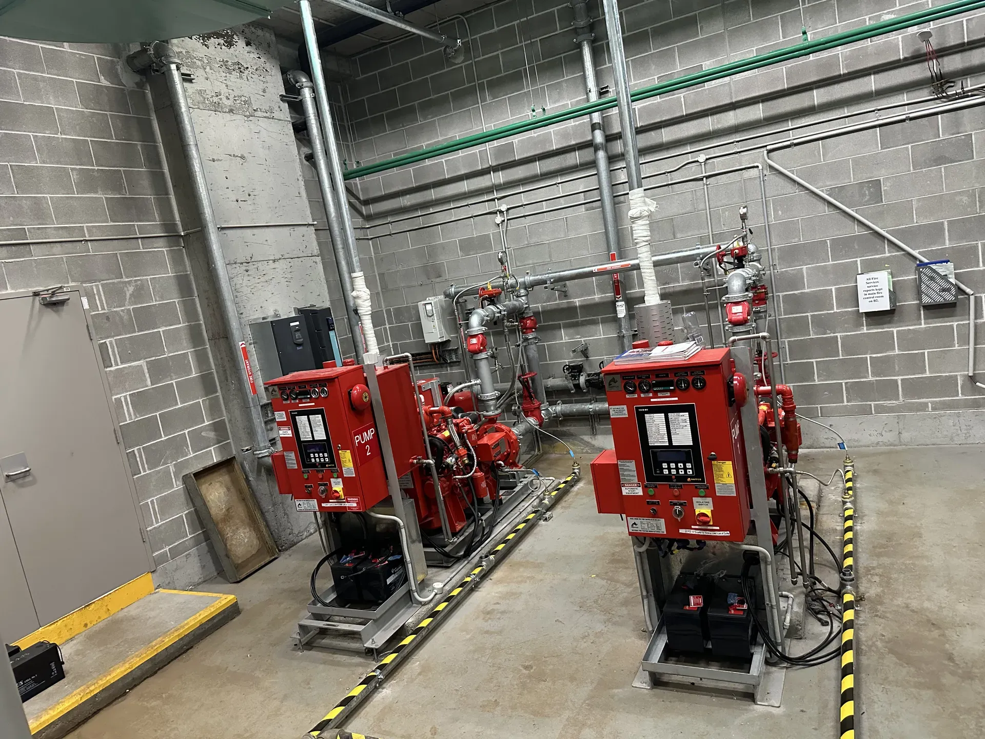 Fire pump room with red control panels installed by Currey Group